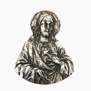 Vintage Sacred Heart Jesus Visor Clip in Antique Silver Tone 2.25" Tall